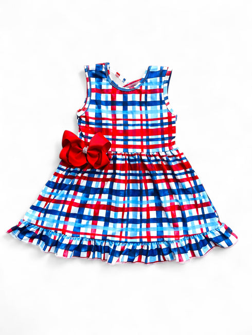 Girls Patriotic Plaid Dress with Matching Bow - Bowtism